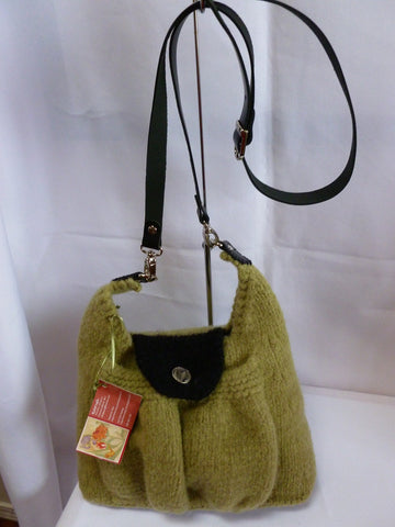 Felted Purse, Hand Knit and Felted Green Purse with adjustable Leather Shoulder Strap - Felted for Ewe